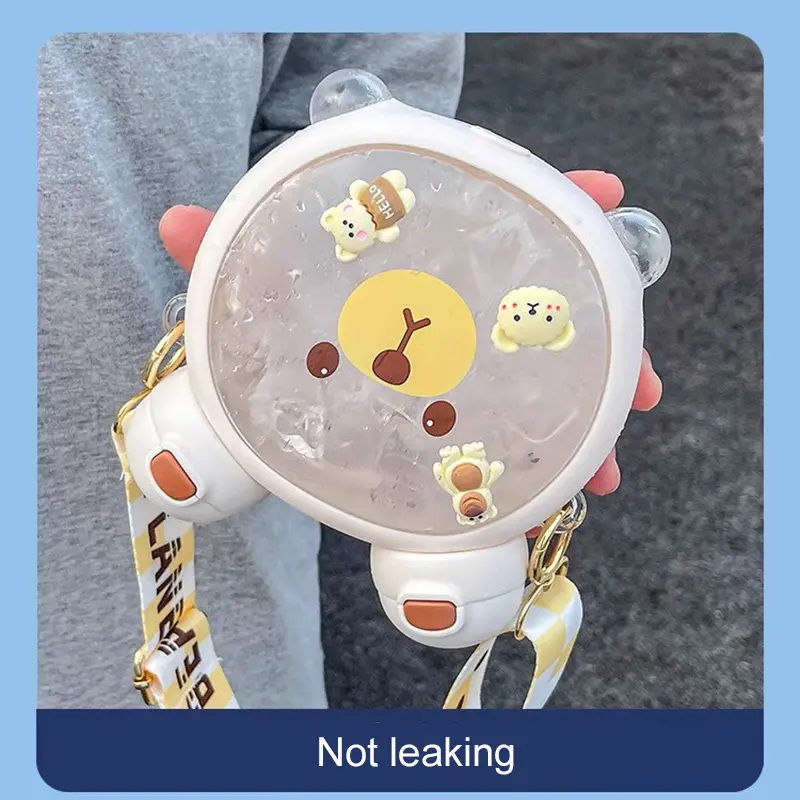 Kawaii Double Sided Bear Water Bottles 750ml Cute Tritan Flat Bubble Tea Juice Gym Traval Portable Drink Bottle Straw  BPA Free