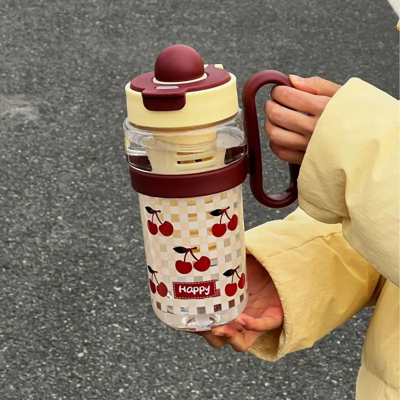 Large Kawaii Water Bottle With Straw 1200ml Cute Cherry Bow Cup Fruit Tea Bottle Coffee Juice Plastic Tumbler With Filter Handle
