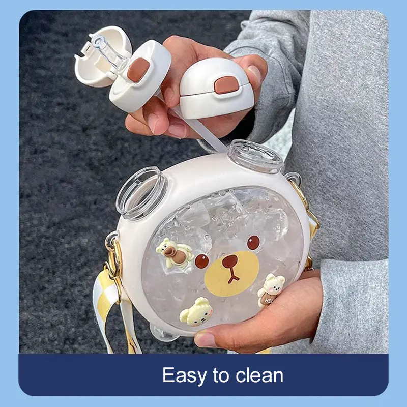 Kawaii Double Sided Bear Water Bottles 750ml Cute Tritan Flat Bubble Tea Juice Gym Traval Portable Drink Bottle Straw  BPA Free