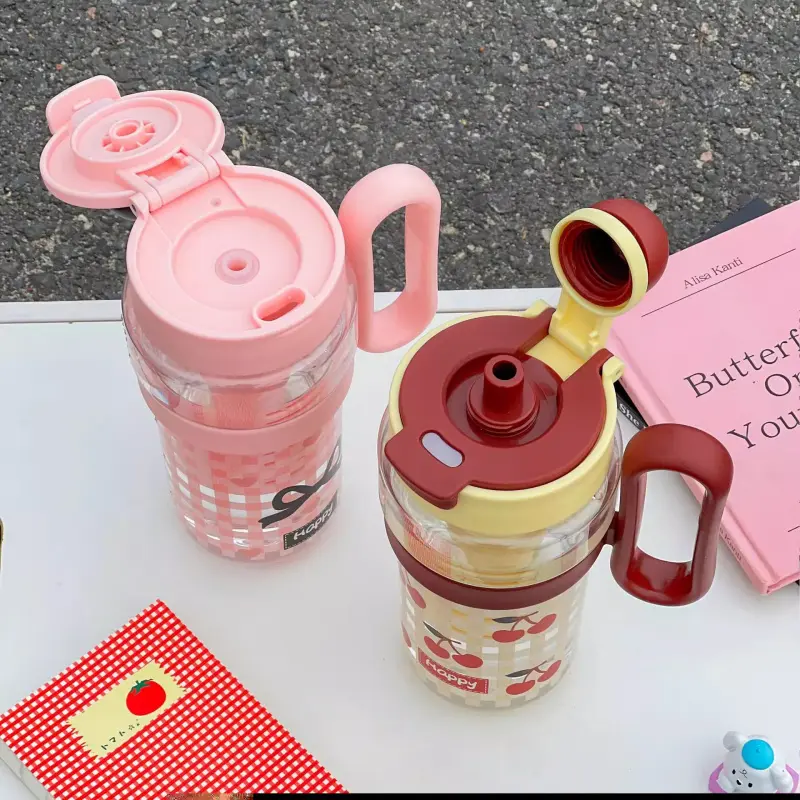 Large Kawaii Water Bottle With Straw 1200ml Cute Cherry Bow Cup Fruit Tea Bottle Coffee Juice Plastic Tumbler With Filter Handle