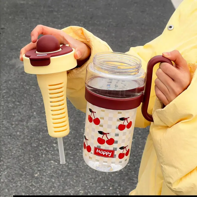 Large Kawaii Water Bottle With Straw 1200ml Cute Cherry Bow Cup Fruit Tea Bottle Coffee Juice Plastic Tumbler With Filter Handle