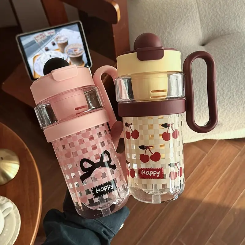 Large Kawaii Water Bottle With Straw 1200ml Cute Cherry Bow Cup Fruit Tea Bottle Coffee Juice Plastic Tumbler With Filter Handle