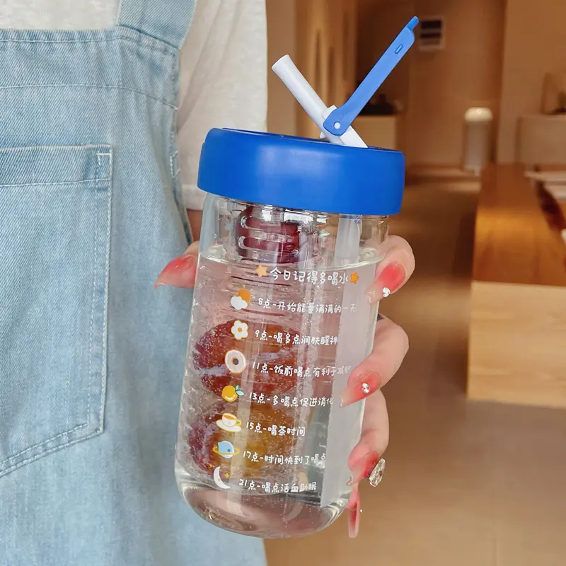 280/550/750ml Cute Glass Water Bottle With Tea Infuser Filter Straw Kawaii Portable Juice Cold Drinks School Drinking Bottle Cup