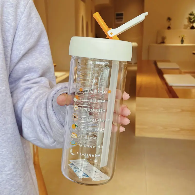 280/550/750ml Cute Glass Water Bottle With Tea Infuser Filter Straw Kawaii Portable Juice Cold Drinks School Drinking Bottle Cup