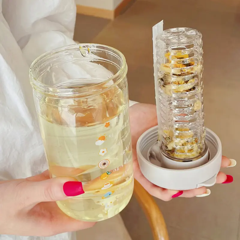280/550/750ml Cute Glass Water Bottle With Tea Infuser Filter Straw Kawaii Portable Juice Cold Drinks School Drinking Bottle Cup