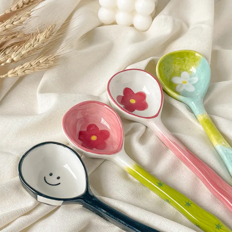 Cute Ceramic Flower Soup Spoon Kawaii Korean Ice Cream Hand Painted Dessert Spoon With Long Handle Kitchen Tableware Accessories