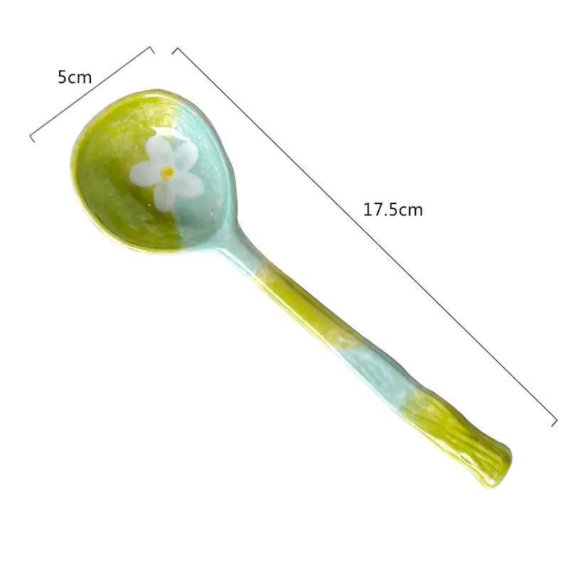 Cute Ceramic Flower Soup Spoon Kawaii Korean Ice Cream Hand Painted Dessert Spoon With Long Handle Kitchen Tableware Accessories