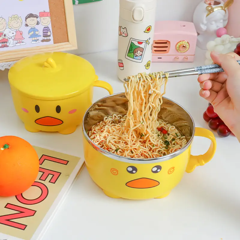 Kawaii Duck Ramen Noodles Bowl With Lid Cute Stainless Steel Kitchen Fruit Instant Salad Rice Soup Double-layer Bowl Tableware