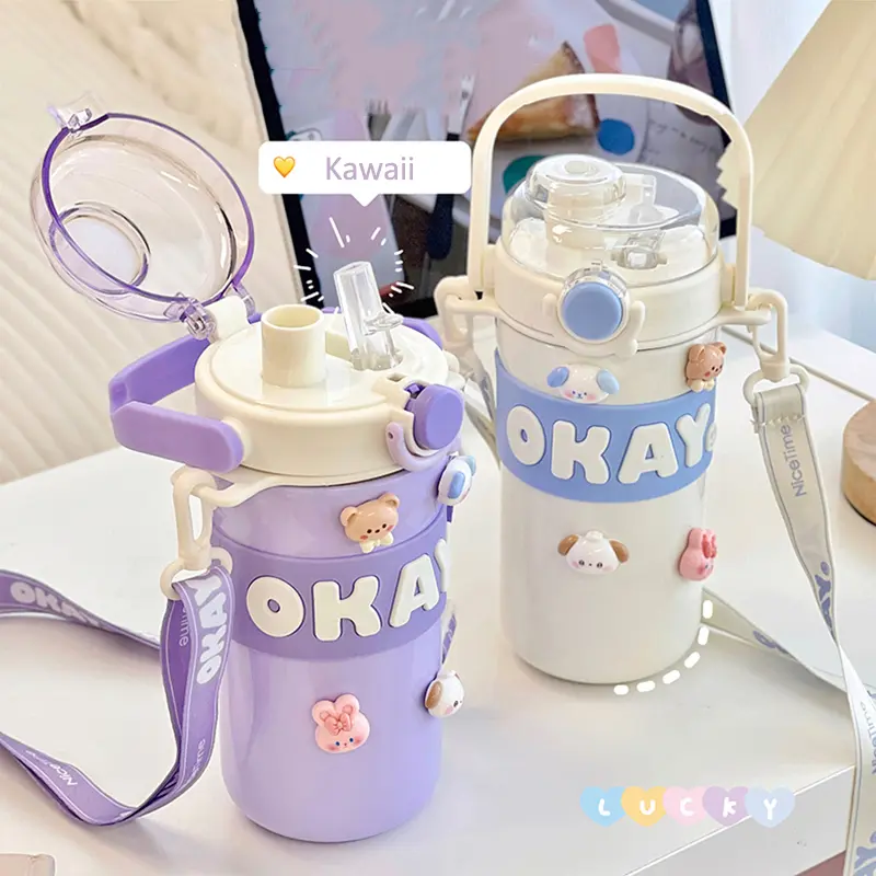Kawaii Thermal Water Bottle With Straw Sticker Stainless Steel Thermos Keep Cold Hot Coffee Bubble Tea Cute Bottle For Kid Girl