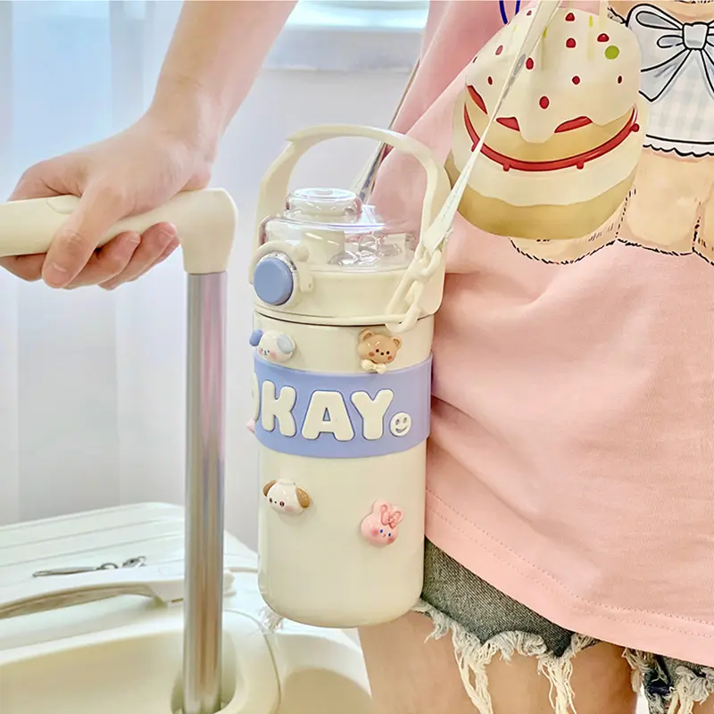 Kawaii Thermal Water Bottle With Straw Sticker Stainless Steel Thermos Keep Cold Hot Coffee Bubble Tea Cute Bottle For Kid Girl