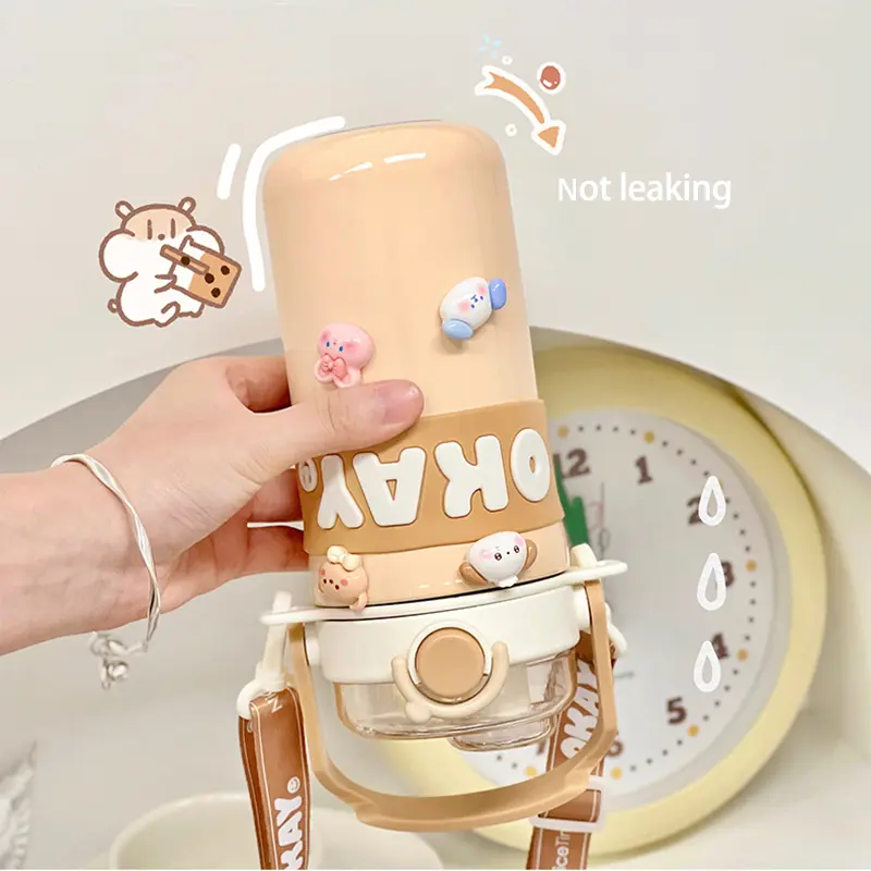Kawaii Thermal Water Bottle With Straw Sticker Stainless Steel Thermos Keep Cold Hot Coffee Bubble Tea Cute Bottle For Kid Girl