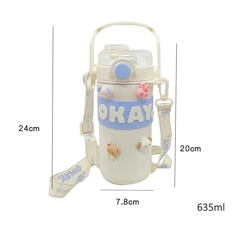 Kawaii Thermal Water Bottle With Straw Sticker Stainless Steel Thermos Keep Cold Hot Coffee Bubble Tea Cute Bottle For Kid Girl