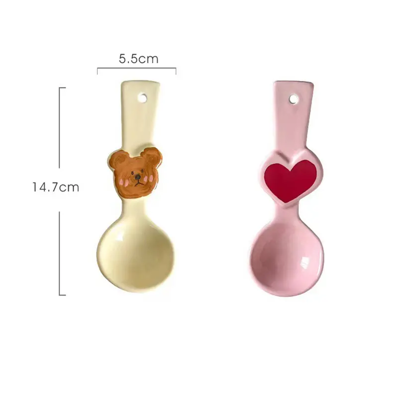 Kawaii Bear Soup Spoon For Kids Girl Cute Cartoon Ceramic Korean Ice Cream Hand Painted Dessert Rice Spoon Kitchen Tableware