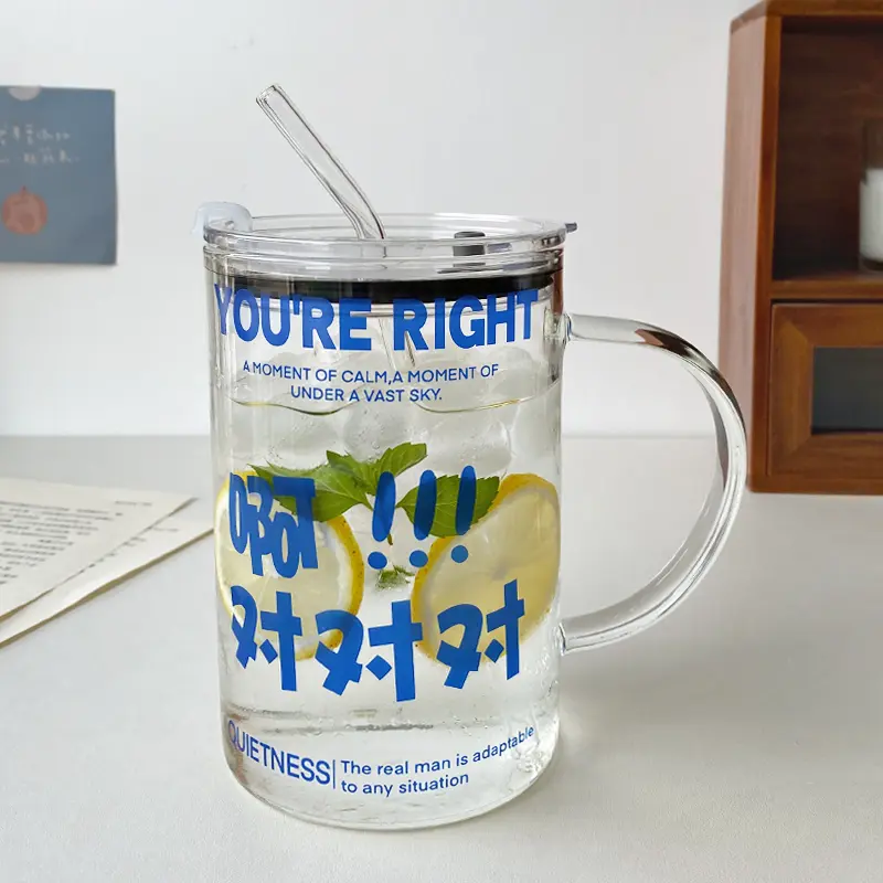 1000ml Glass Cups With Lid  And Straw Drinkware Cute Coffee Mugs Big Glasses For Drinks Water Tea  Korean Milk Juice Beer Cup