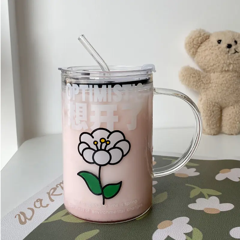 1000ml Glass Cups With Lid  And Straw Drinkware Cute Coffee Mugs Big Glasses For Drinks Water Tea  Korean Milk Juice Beer Cup