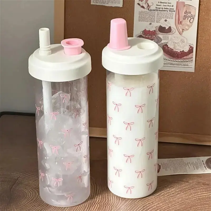 Cute Bow Water Bottle Kawaii Plastic  Coffee Tumbler Large Capacity Juice Boba Tea Cold Straw Cup Gym Sport Drink Bottle 850ml