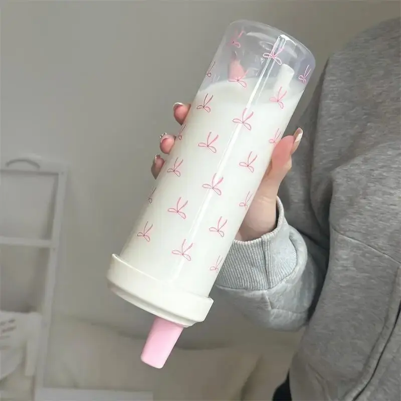Cute Bow Water Bottle Kawaii Plastic  Coffee Tumbler Large Capacity Juice Boba Tea Cold Straw Cup Gym Sport Drink Bottle 850ml