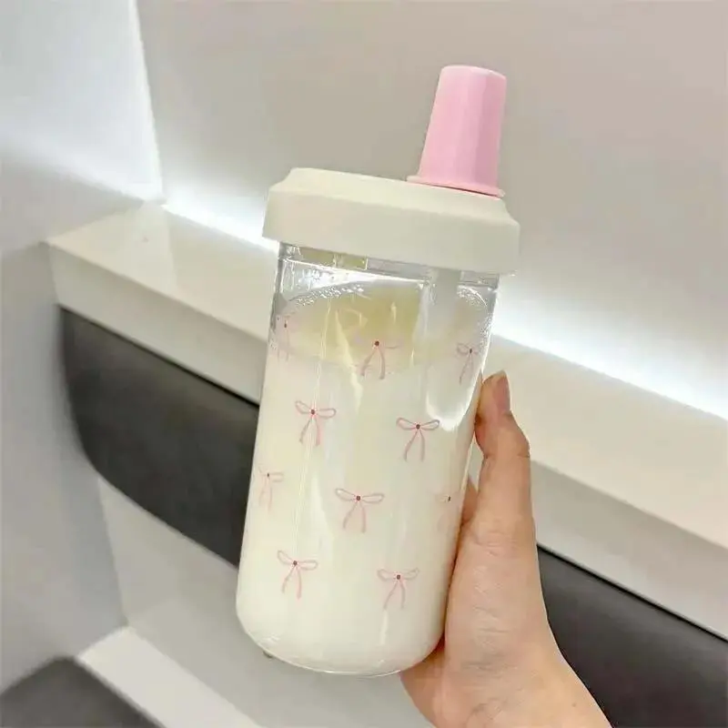Cute Bow Water Bottle Kawaii Plastic  Coffee Tumbler Large Capacity Juice Boba Tea Cold Straw Cup Gym Sport Drink Bottle 850ml