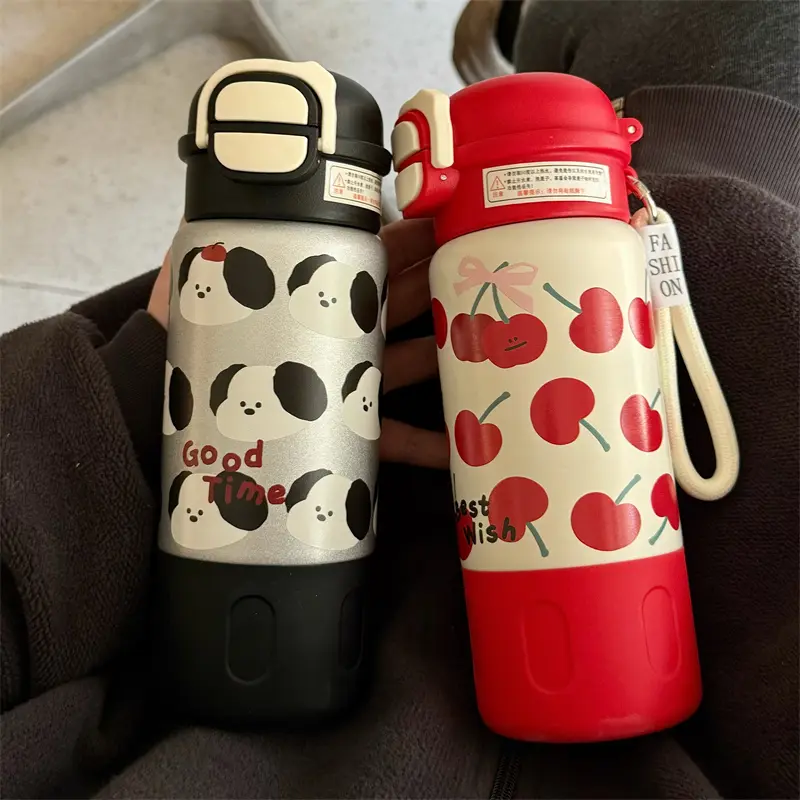 Cute Cherry Puppy Water Bottle 500ml Kawaii Stainless Steel Thermal Bottle Thermos Cups With Straw Coffee Tea Tumbler Girl Gift