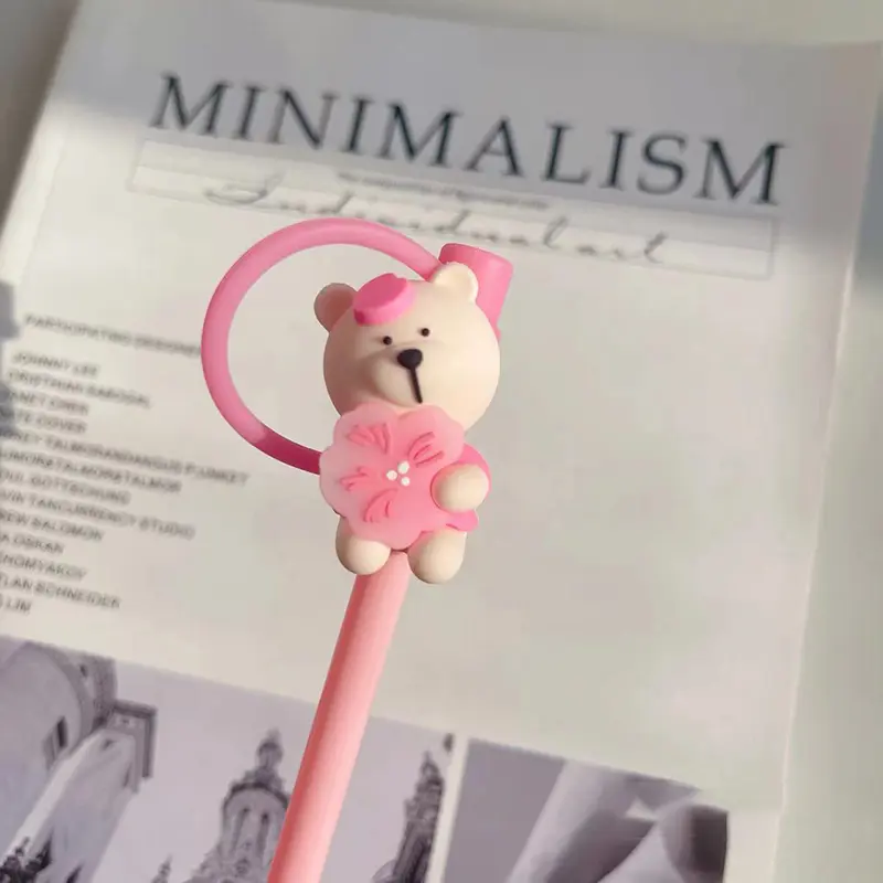 Cute Bear Straw Cover Dust Cap Silicone Kawaii Cherry Straw Toppers For Tumbler Pink Drinking Charm Decor Cover For 7-8mm Straws