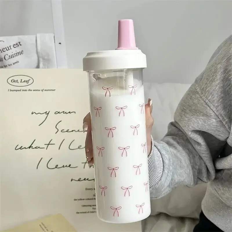 Cute Bow Water Bottle Kawaii Plastic  Coffee Tumbler Large Capacity Juice Boba Tea Cold Straw Cup Gym Sport Drink Bottle 850ml