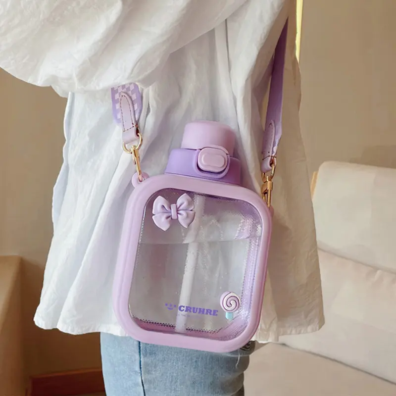 700ml Kawaii Flat Water Bottle With Straw Strap Plastic Milk Tea Juice Portable Drink Bottle Kettle BPA Free Gift For Girl Kids