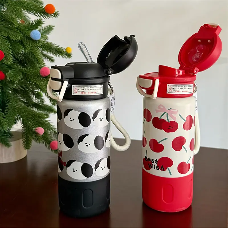 Cute Cherry Puppy Water Bottle 500ml Kawaii Stainless Steel Thermal Bottle Thermos Cups With Straw Coffee Tea Tumbler Girl Gift