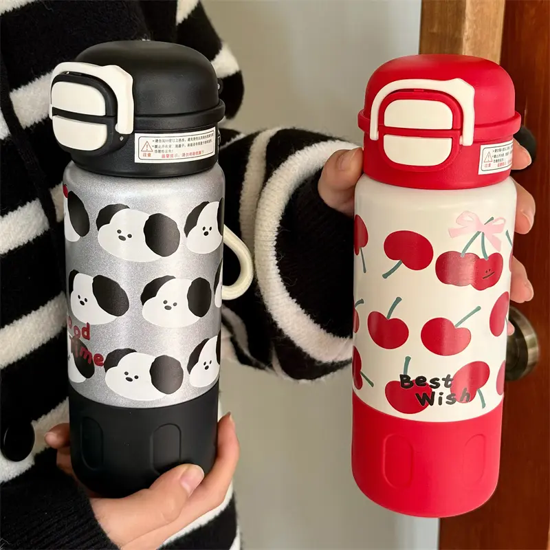 Cute Cherry Puppy Water Bottle 500ml Kawaii Stainless Steel Thermal Bottle Thermos Cups With Straw Coffee Tea Tumbler Girl Gift