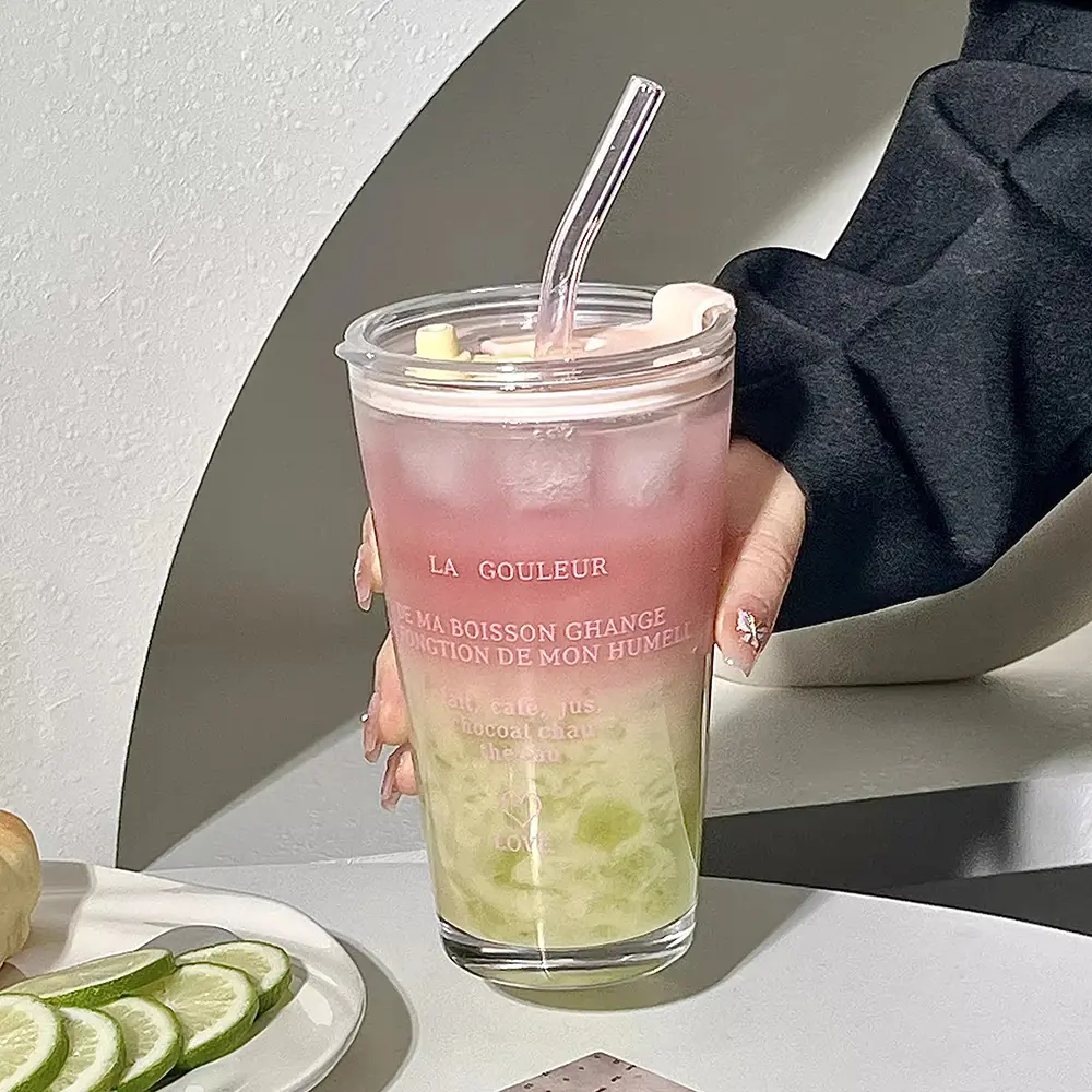 Cute Glass Cup With Straw And Lid Letter Tumbler 450ml Iced Coffee Juice Tea Glass Drinking Cups Transparent Bubble Tea Cup Gift