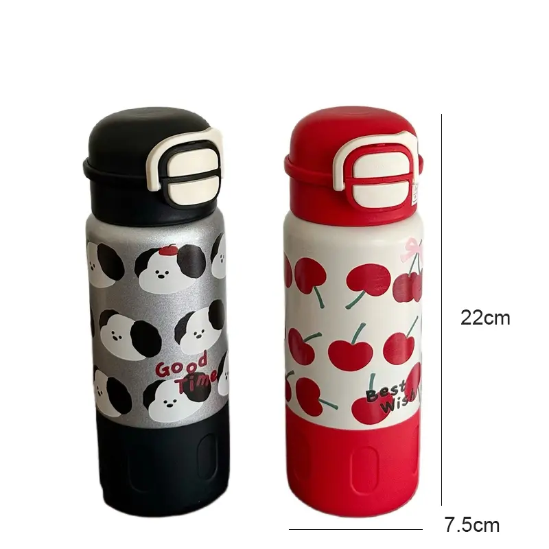 Cute Cherry Puppy Water Bottle 500ml Kawaii Stainless Steel Thermal Bottle Thermos Cups With Straw Coffee Tea Tumbler Girl Gift