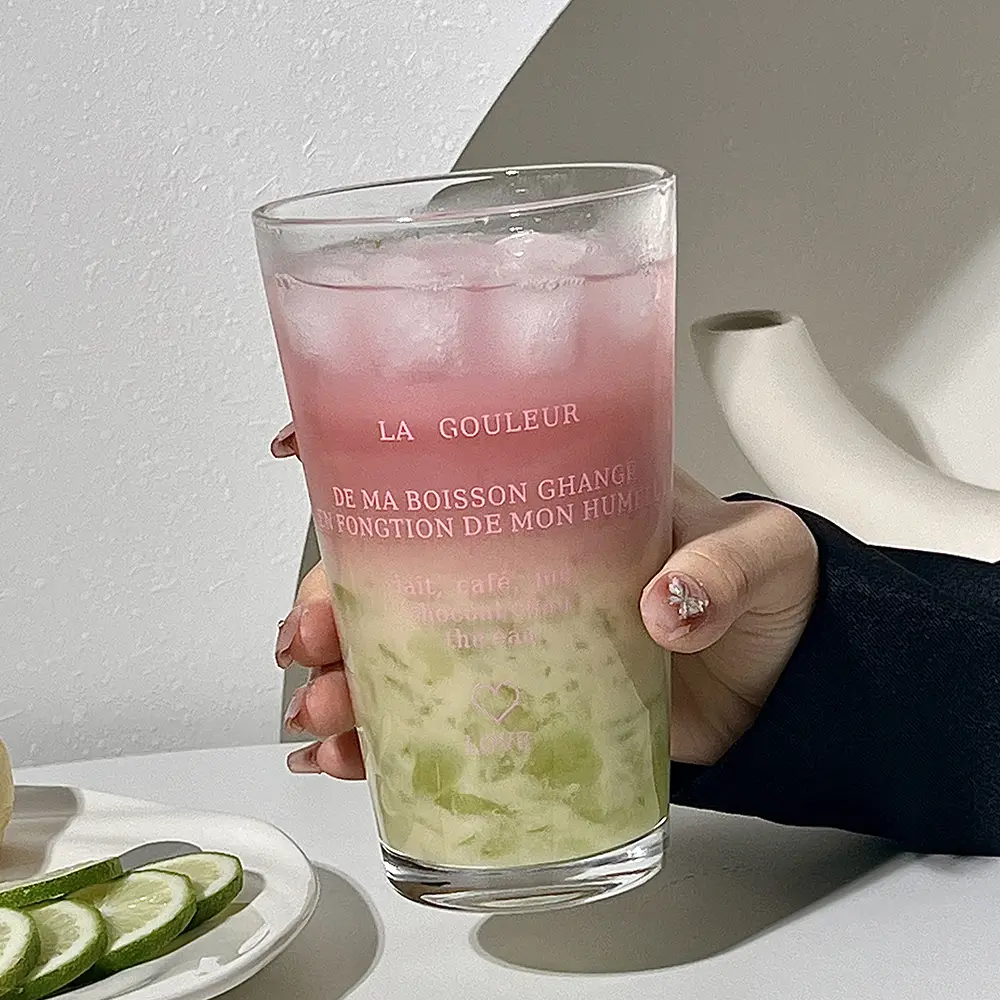 Cute Glass Cup With Straw And Lid Letter Tumbler 450ml Iced Coffee Juice Tea Glass Drinking Cups Transparent Bubble Tea Cup Gift