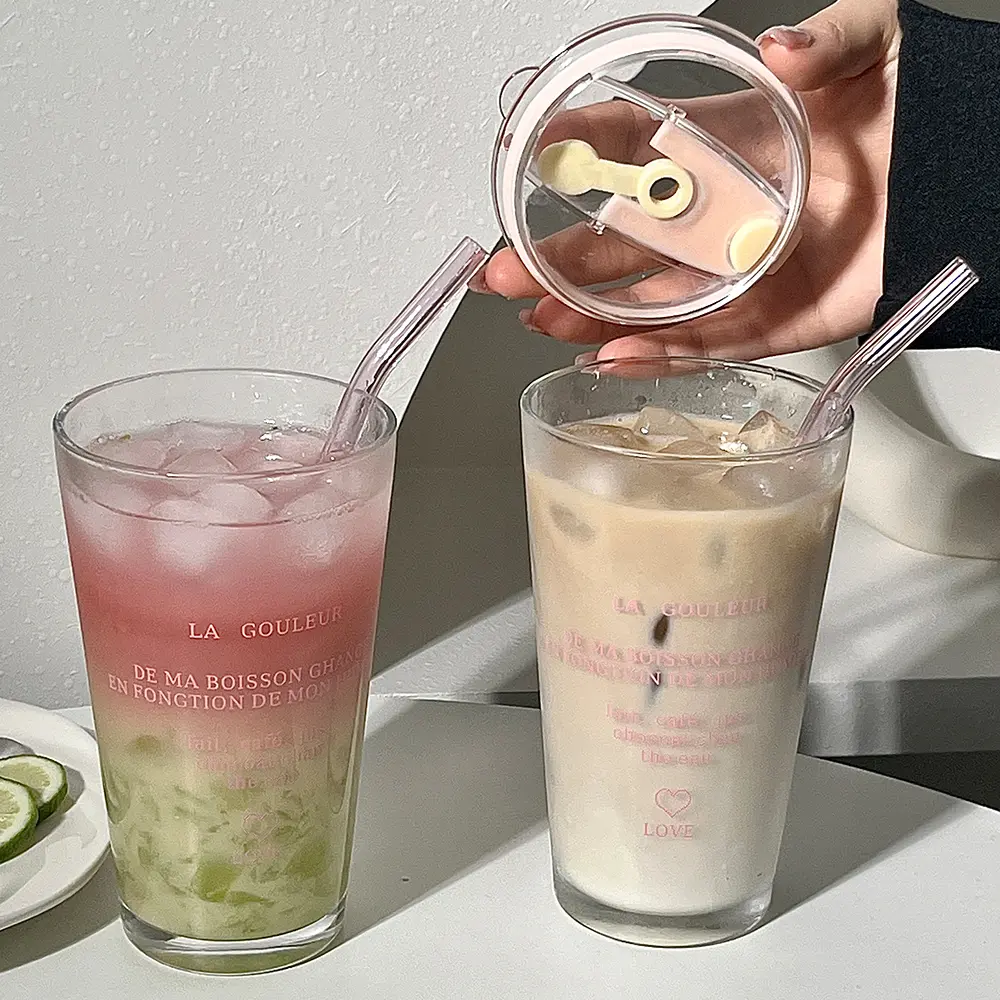 Cute Glass Cup With Straw And Lid Letter Tumbler 450ml Iced Coffee Juice Tea Glass Drinking Cups Transparent Bubble Tea Cup Gift