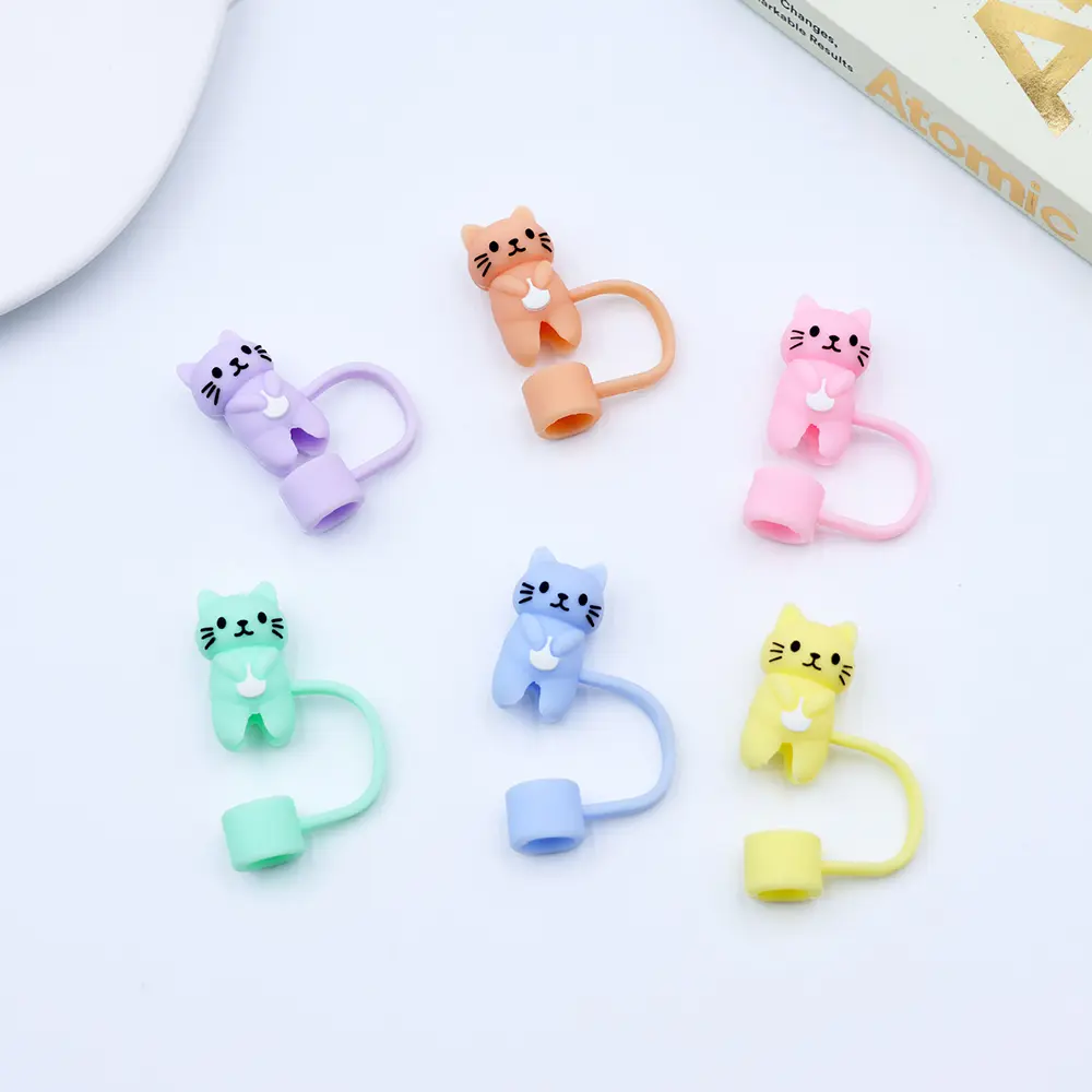 Cute Cat Straw Cap Accessories For Stanley Thermo Cup Kawaii Silicone Tumbler Straw Topper Water Bottle Straw Cover Cap 10mm