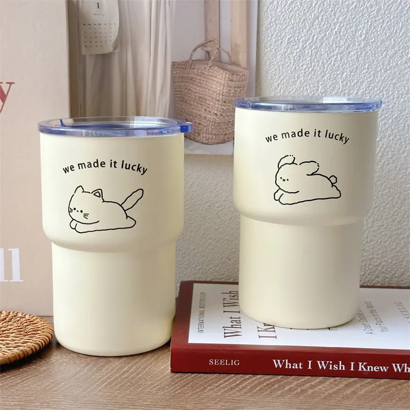 Kawaii Korean Cold Coffee Cups Cat Thermal Cup Stainless Steel Themos Hot Coffee Mug Cup To Go Travel Water Tea Bottle With Lid