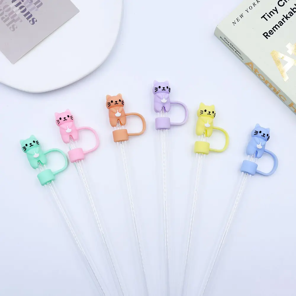 Cute Cat Straw Cap Accessories For Stanley Thermo Cup Kawaii Silicone Tumbler Straw Topper Water Bottle Straw Cover Cap 10mm