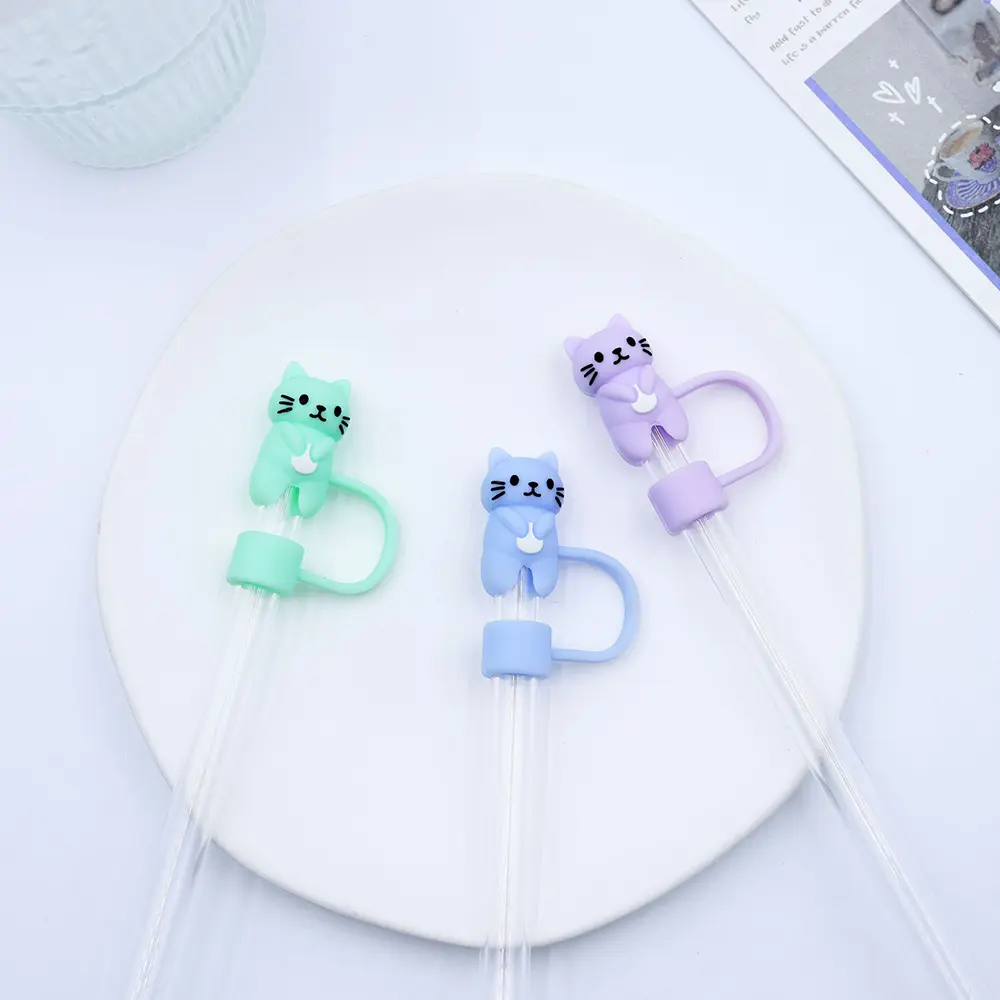 Cute Cat Straw Cap Accessories For Stanley Thermo Cup Kawaii Silicone Tumbler Straw Topper Water Bottle Straw Cover Cap 10mm