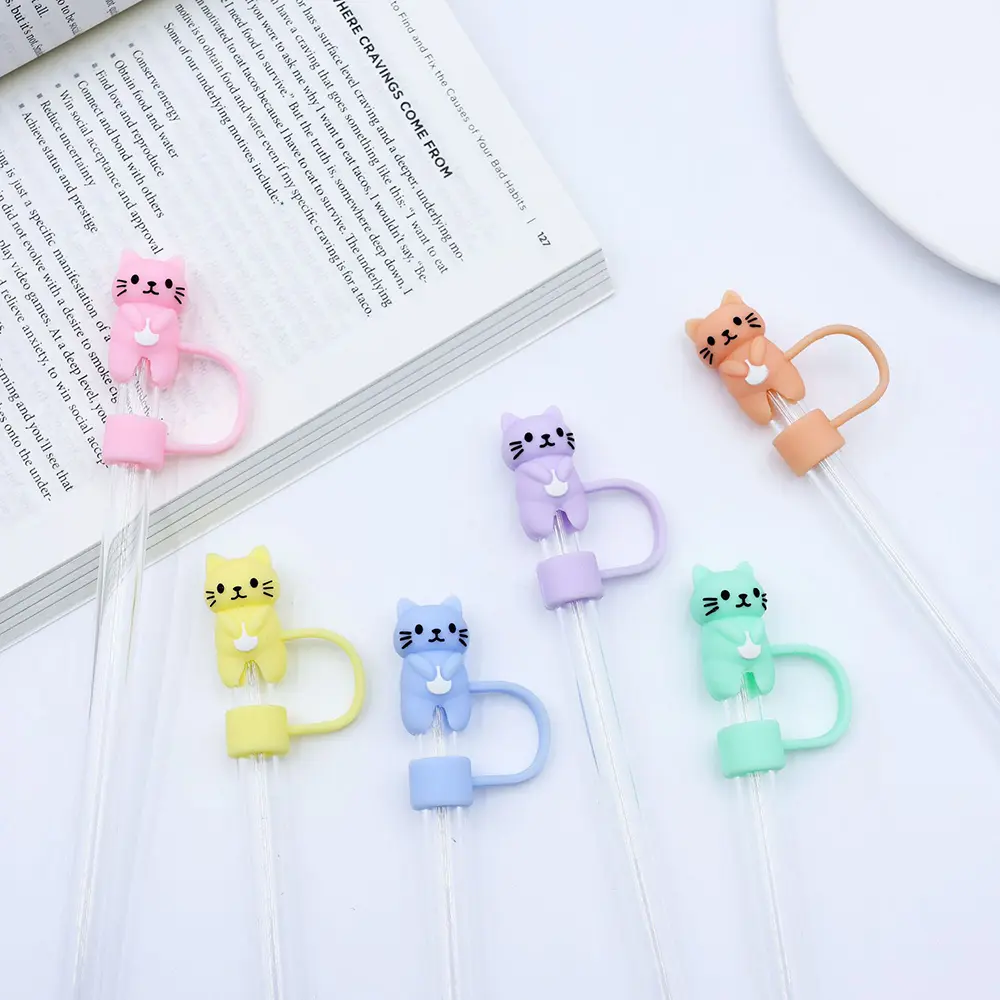 Cute Cat Straw Cap Accessories For Stanley Thermo Cup Kawaii Silicone Tumbler Straw Topper Water Bottle Straw Cover Cap 10mm