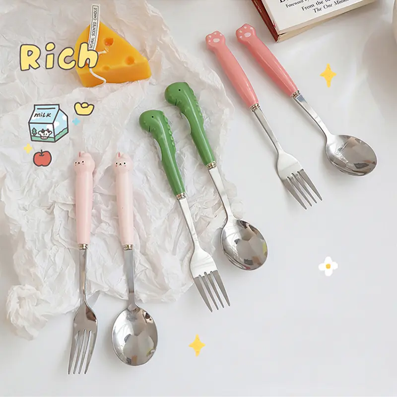 Cartoon Bear Dragon Spoon Fork Chopsticks Cutlery Set For Kids School Cute Portable Stainless Steel Tableware Kitchen Utensils