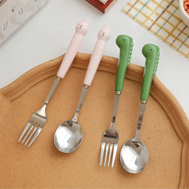 Cartoon Bear Dragon Spoon Fork Chopsticks Cutlery Set For Kids School Cute Portable Stainless Steel Tableware Kitchen Utensils
