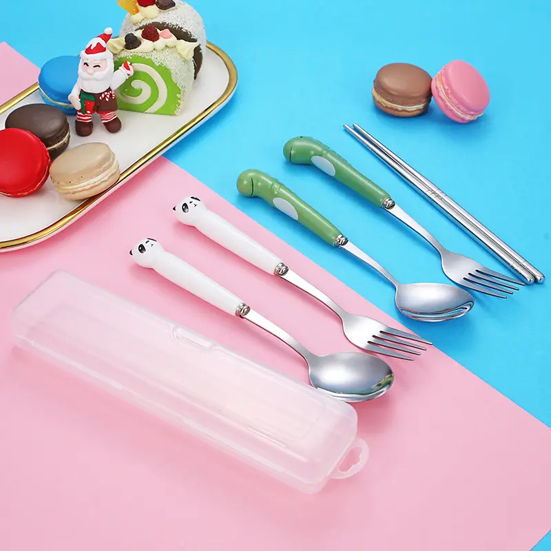 Cartoon Bear Dragon Spoon Fork Chopsticks Cutlery Set For Kids School Cute Portable Stainless Steel Tableware Kitchen Utensils