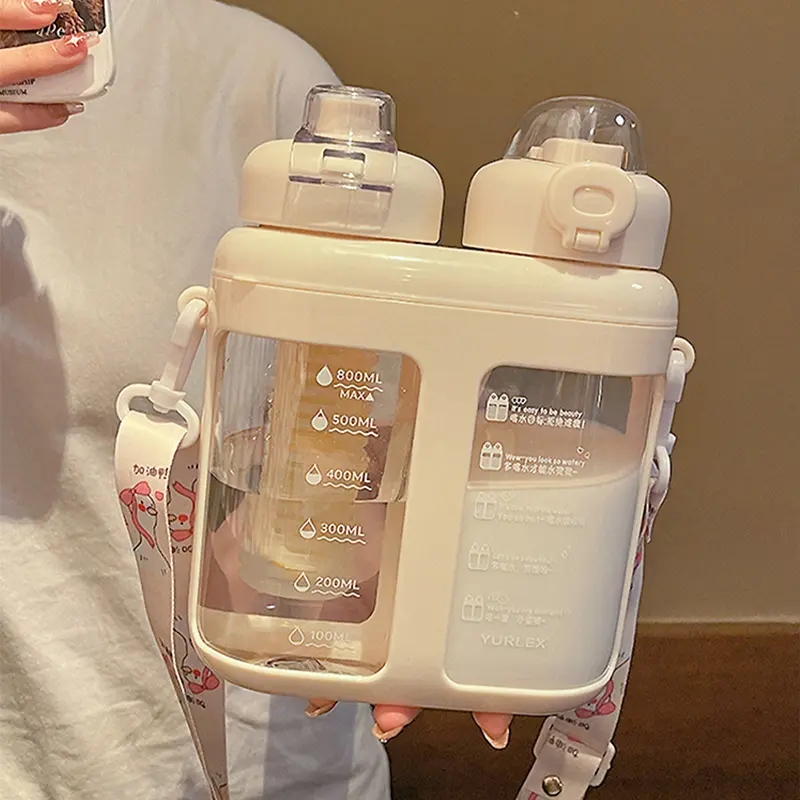 Cute Double Drink Plastic Water Bottles With Straw Tea Filter Portable Strap Large Capacity Juice Cup Heat Resistance BPA Free