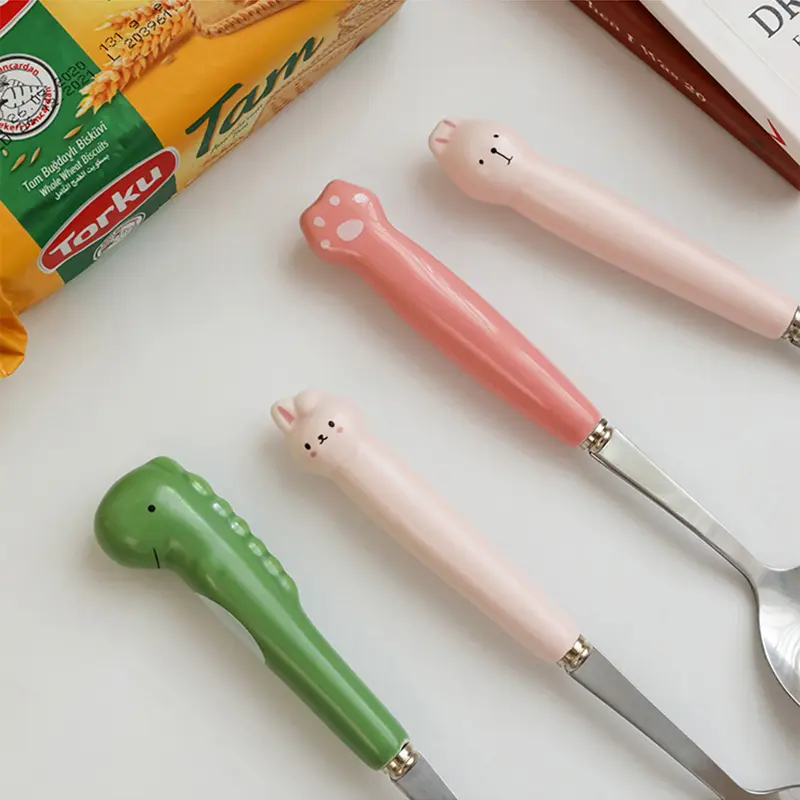 Cartoon Bear Dragon Spoon Fork Chopsticks Cutlery Set For Kids School Cute Portable Stainless Steel Tableware Kitchen Utensils