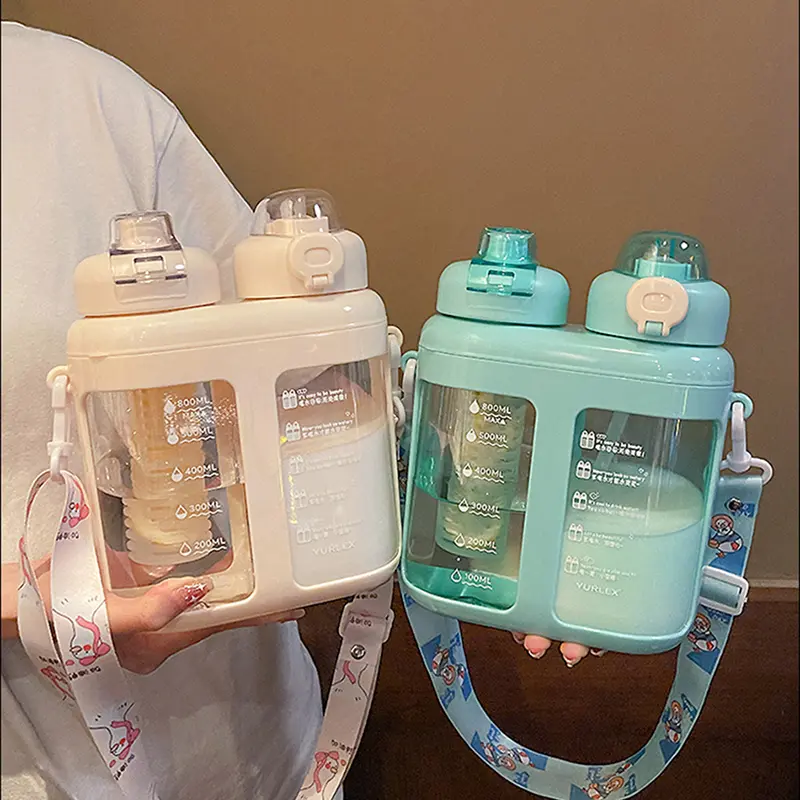 Cute Double Drink Plastic Water Bottles With Straw Tea Filter Portable Strap Large Capacity Juice Cup Heat Resistance BPA Free