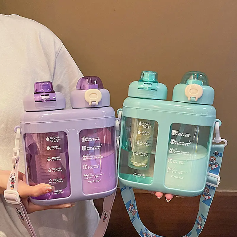 Cute Double Drink Plastic Water Bottles With Straw Tea Filter Portable Strap Large Capacity Juice Cup Heat Resistance BPA Free