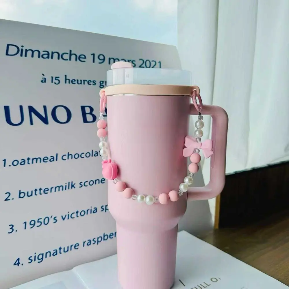 Cute Bowknot Beads Handle Strap Accessories For Stanley Cup 40/30 oz Tumbler Carrier Kawaii Water Bottle Sling Holder With Strap