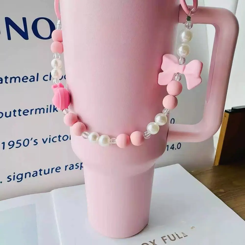 Cute Bowknot Beads Handle Strap Accessories For Stanley Cup 40/30 oz Tumbler Carrier Kawaii Water Bottle Sling Holder With Strap
