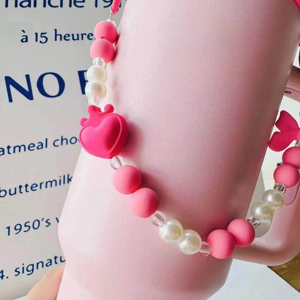 Cute Bowknot Beads Handle Strap Accessories For Stanley Cup 40/30 oz Tumbler Carrier Kawaii Water Bottle Sling Holder With Strap