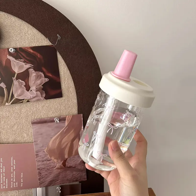 Cute Bow Water Bottle Bubble Tea Coffee Tumbler Aesthetic Kawaii Reusable Cups Plastic Korean Milk Juice Cup Drink Bottle 500ml