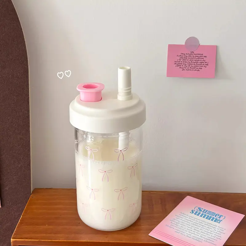 Cute Bow Water Bottle Bubble Tea Coffee Tumbler Aesthetic Kawaii Reusable Cups Plastic Korean Milk Juice Cup Drink Bottle 500ml