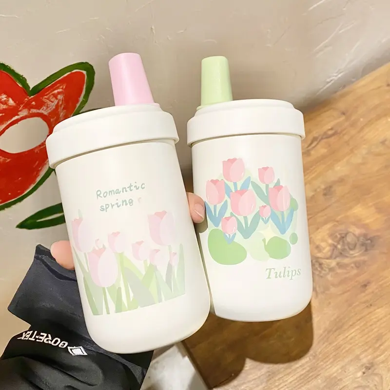 Cute Tulip Thermos Bottle Coffee Tumber Kawaii Bubble Milk Tea Water Bottle With Straw Stainless Steel Boba Vacuum Thermal Cup